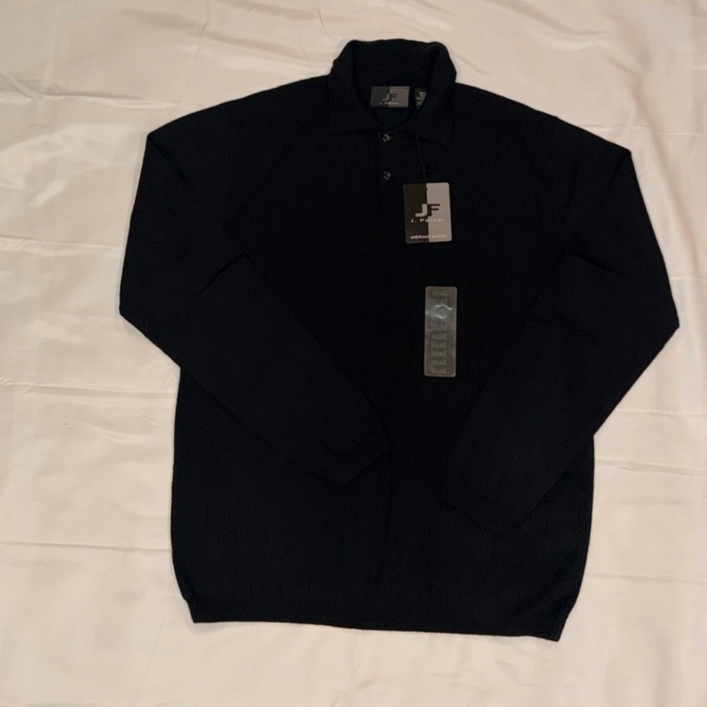 J. Ferrar Polo Sweater Men Small Black 100% Merino Wool Long Sleeve Textured NWT